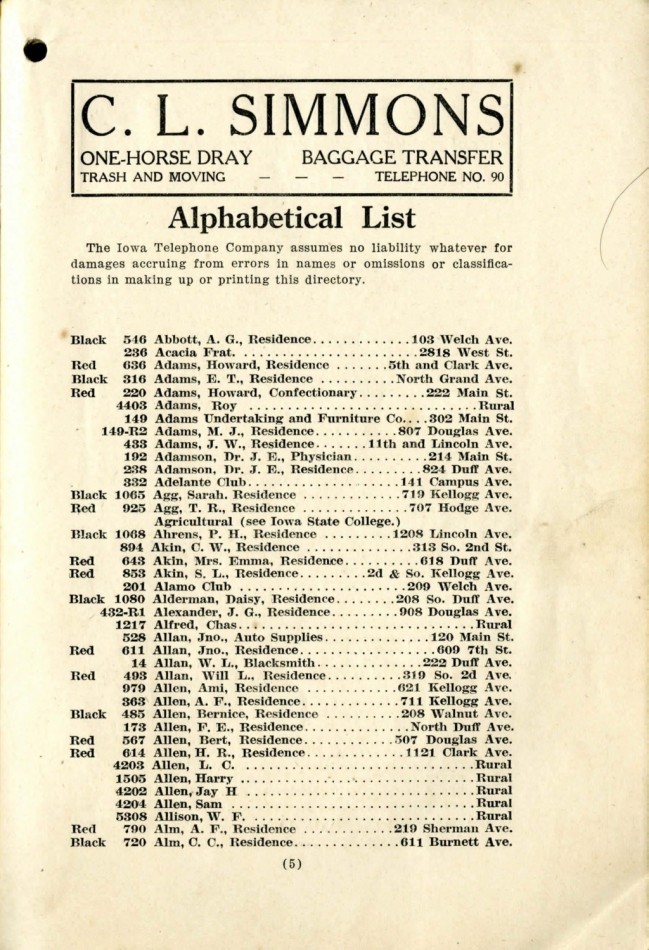 Ames November 1915 Telephone Directory image 7