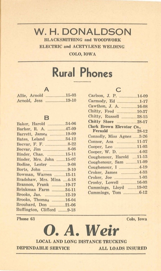 Colo Telephone Company 1940 Directory image 11