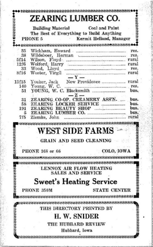 Zearing, Iowa 1953 Phone Directory image 22